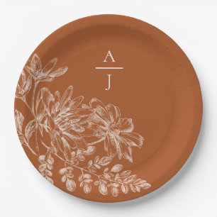 Moderne Terra Cotta Monogram Floral Pappteller