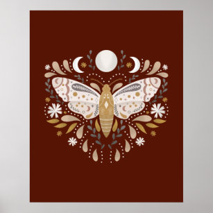 Moderne Terracotta Abstrakt Moth Illustration Poster