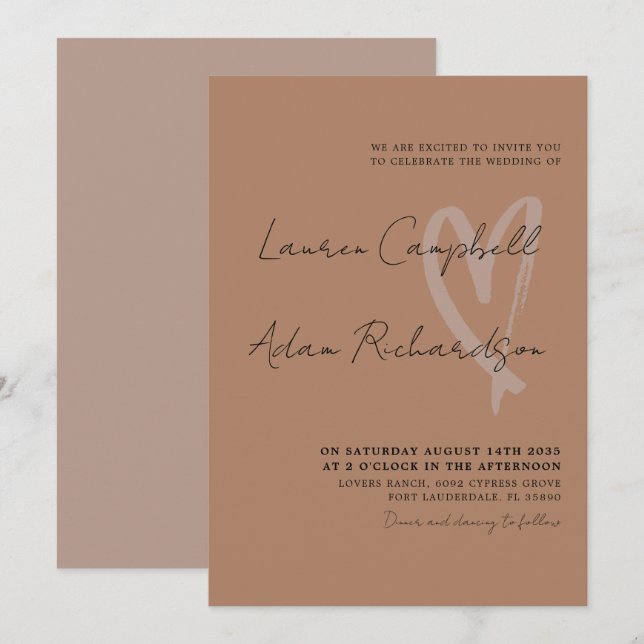 Moderne Terracotta & Black Heart Wedding Einladung (Vorne/Hinten)