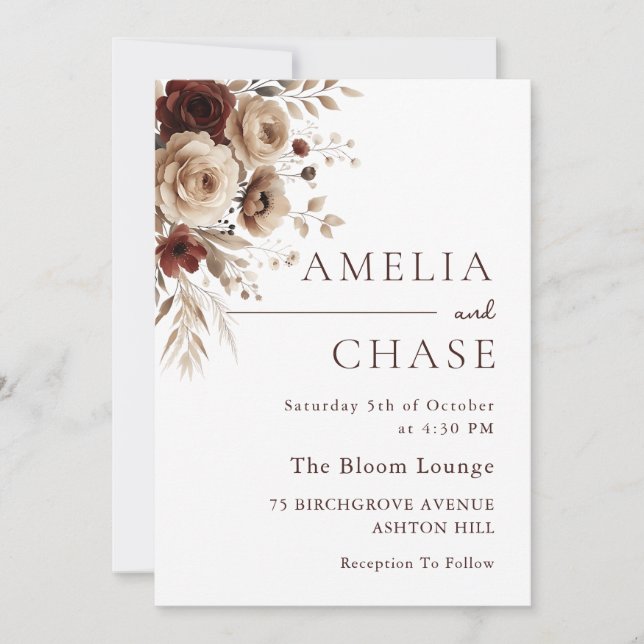 Moderne Terracotta Bohemische Blumenhochzeit Einladung (Vorderseite)