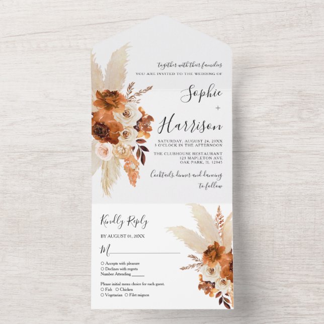 Moderne Terracotta Boho Pampas Grass Wedding All In One Einladung (Innen Boden)