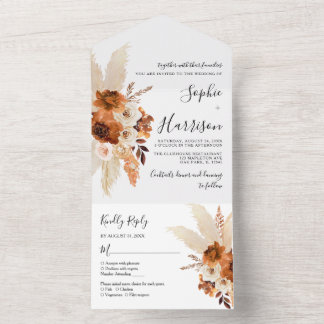 Moderne Terracotta Boho Pampas Grass Wedding All In One Einladung