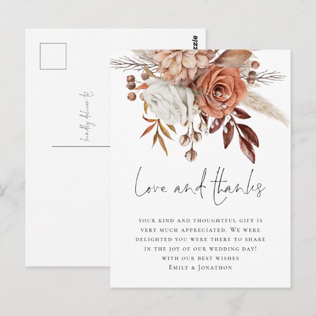 Moderne Terracotta Florals Liebe Dank Hochzeit Postkarte (Vorne/Hinten)
