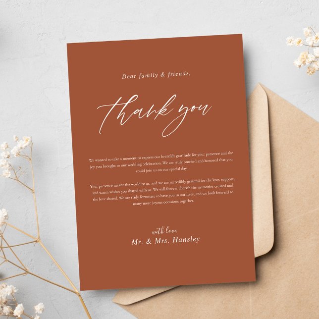 Moderne Terracotta-Kalligrafie Hochzeit Dankeskarte (Modern Terracotta Calligraphy Wedding Thank You Card)