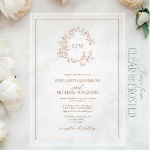 Moderne Terracotta Leafy Wappen Monogram Wedding Acryleinladungen