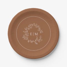 Moderne Terracotta Leafy Wappen Monogram Wedding Pappteller