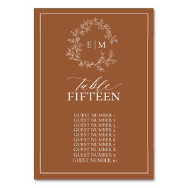 Moderne Terracotta Leafy Wappen Monogram Wedding Tischnummer