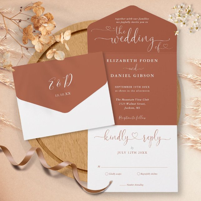 Moderne Terracotta-Script-Herz Minimalistische Hoc All In One Einladung (Von Creator hochgeladen)