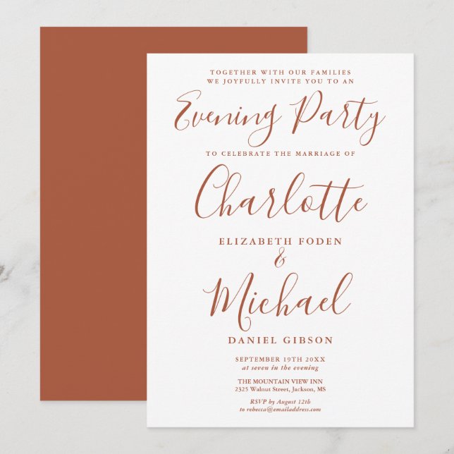 Moderne Terracotta Signature Wedding Abend Party Einladung (Vorne/Hinten)