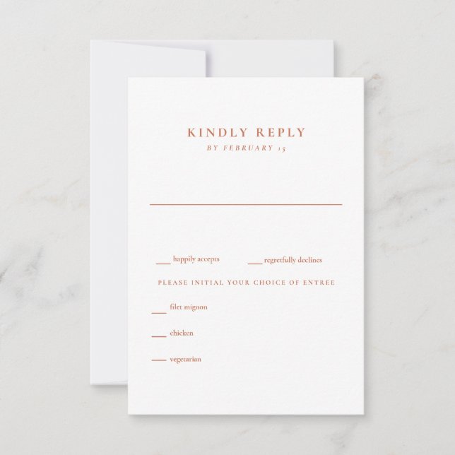 Moderne Terracotta und White Wedding RSVP Karte (Vorderseite)