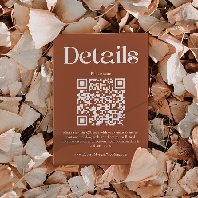 Moderne Terracotta Wedding Details QR Code Begleitkarte (Von Creator hochgeladen)