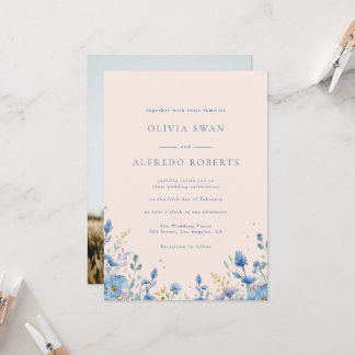 Moderne Terrakotta Blaue Florale Hochzeit mit Foto Einladung