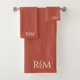 Moderne Terrakotta-Botanik-Monogramm-Initialen Badhandtuch Set