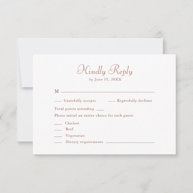 Moderne Terrakotta- und weiße minimalistische Hoch RSVP Karte (Vorderseite)