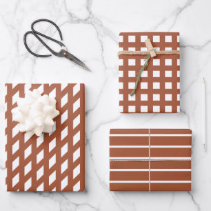 Moderne Terrakotta-Weiß-Streifen Karo-Gittermuster Geschenkpapier Set