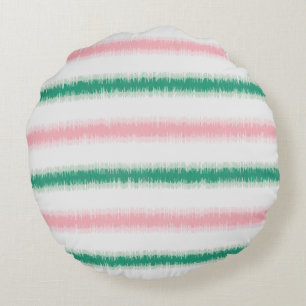 Moderne texturierte rosa grüne Ikat-Streifenmuster Rundes Kissen