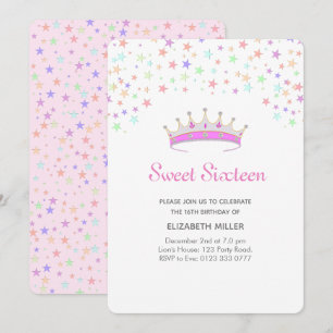 Moderne Tiara und mehrfarbige Sterne Sweet Sixteen Einladung