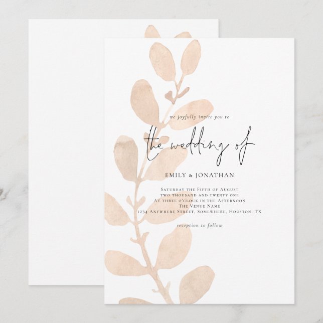 Moderne Tinted Peach Foliage Hochzeit Einladung (Vorne/Hinten)