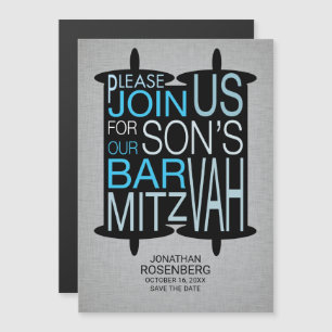 Moderne Torah Bar Mitzvah Grau Blau Magneteinladung