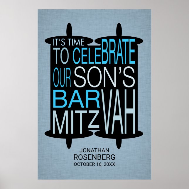 Moderne Torah Bar Mitzvah Poster Grau und Blau (Vorne)