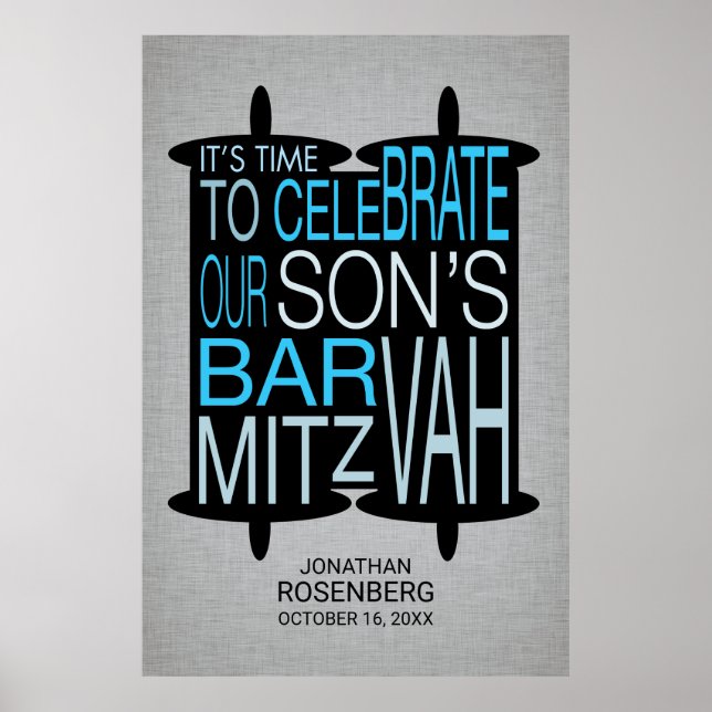Moderne Torah Bar Mitzvah Poster Grau und Blau (Vorne)