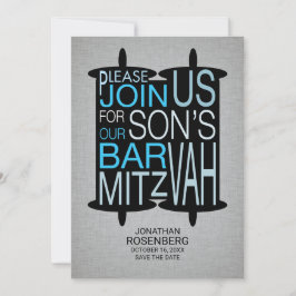Moderne Torah Bar Mitzvah Save the Date Grau Blau
