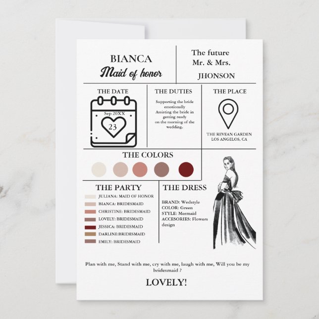 Moderne Trauzeugin Infocard Brautparty Karte (Vorderseite)