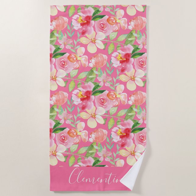 Moderne Trendfarben Rosa Rose Floral Wasserfarbe Strandtuch (Vorderseite)