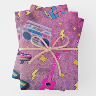 Moderne trendige 80er-Jahre-Stil hübsch Neon-Pink Geschenkpapier Set