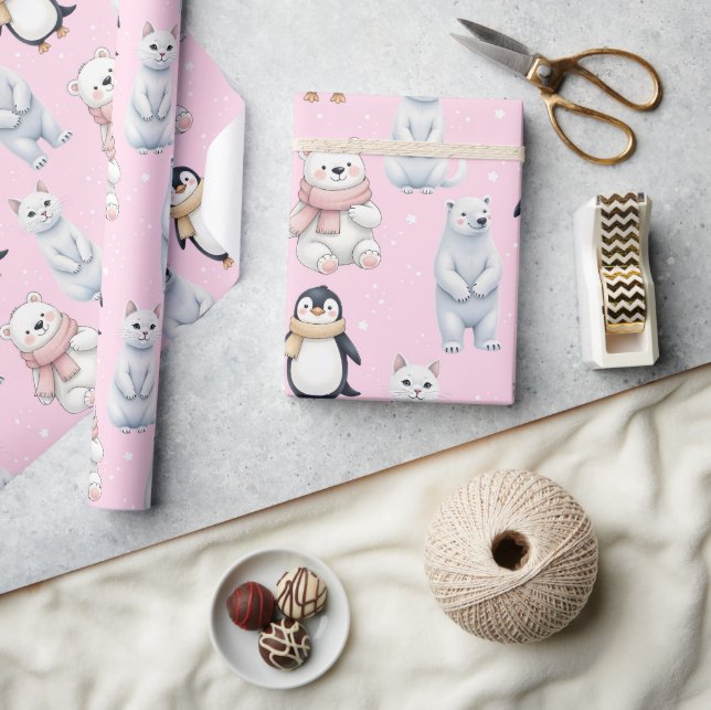 Moderne trendige Bärenpinguin-Katze Nahtloses Must Geschenkpapier (Kunsthandwerk)