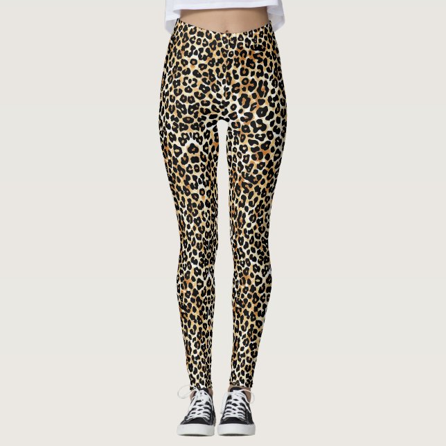 Moderne, trendige Black Tan White Leopard Print Leggings (Vorderseite)