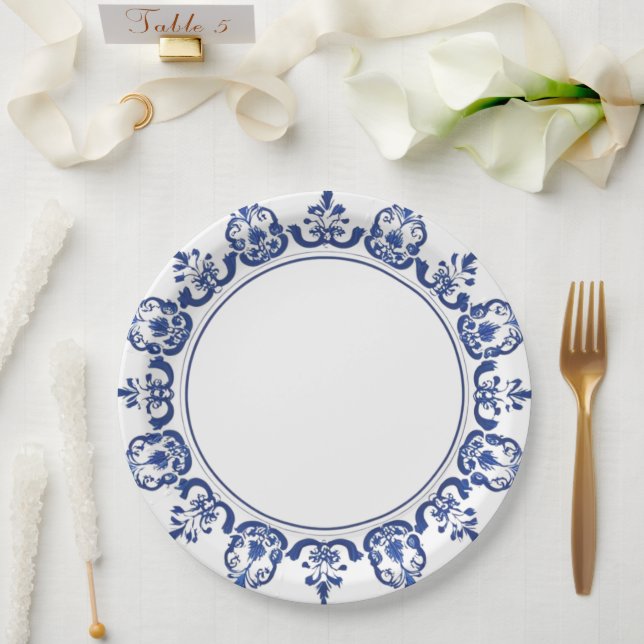Moderne trendige Blue and White Porcelain Chinoise Pappteller (Hochzeit)