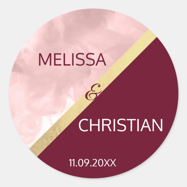 Moderne, trendige Blush Pink & Burgund Gold Hochze Runder Aufkleber (Vorderseite)