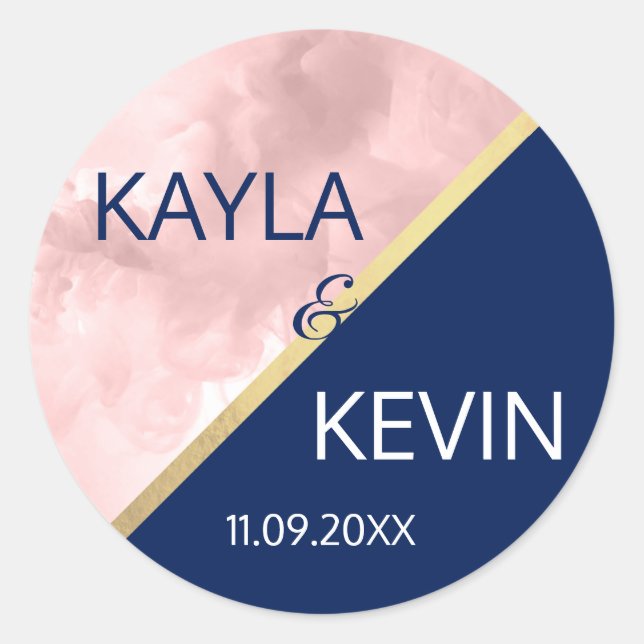 Moderne trendige Blush Pink Navy Blue Gold Hochzei Runder Aufkleber (Vorderseite)