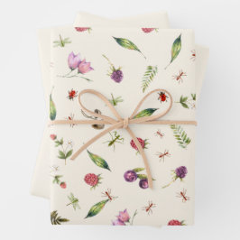 Moderne trendige Cream Woodland Wildblumen Insekte Geschenkpapier Set
