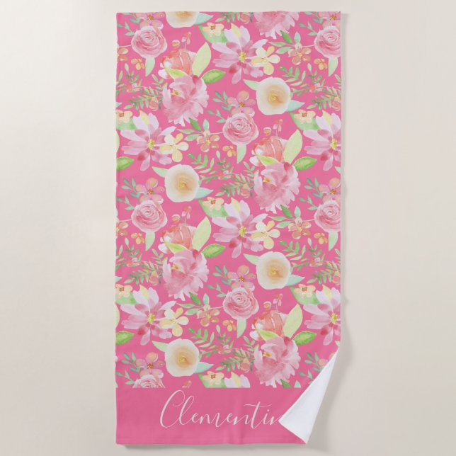 Moderne trendige, gelb-rosa Floral Wasserfarbe Strandtuch (Vorderseite)