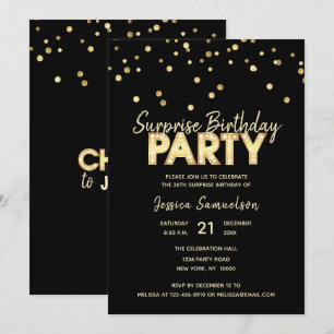 Moderne trendige Gold Black SURPRISE BIRTHDAY PART Einladung