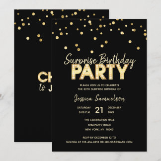 Moderne trendige Gold Black SURPRISE BIRTHDAY PART Einladung