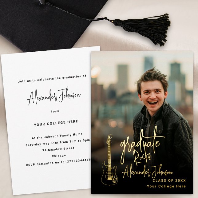 Moderne, trendige Graduierungspartei für vertikale Folieneinladung (Modern trendy vertical photo rock music Graduation party gold foil invitation)