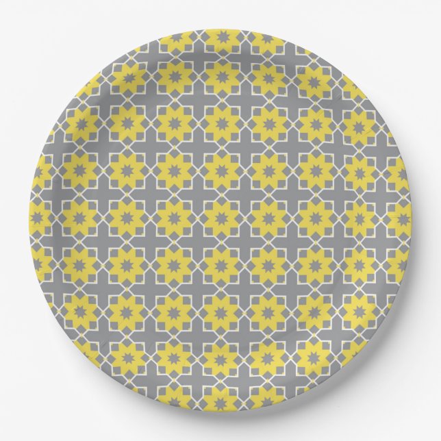 Moderne, trendige, graue und gelbe Blumen Pappteller (Vorderseite)