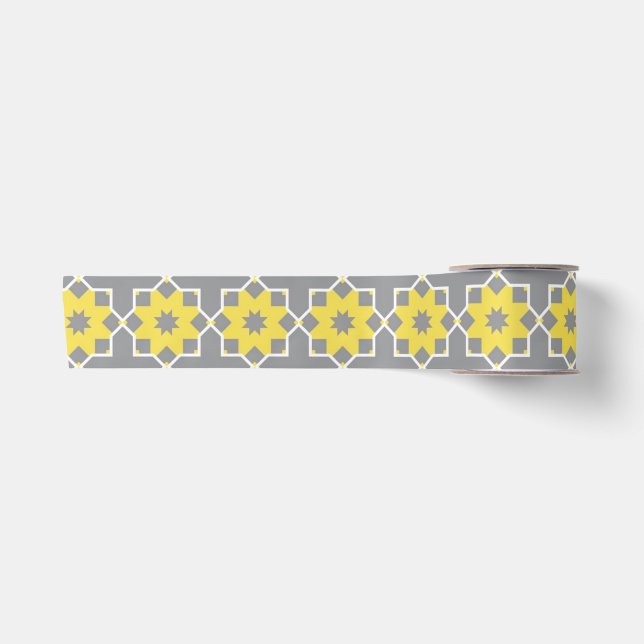 Moderne, trendige, graue und gelbe Blumen Satinband (Vorderseite)