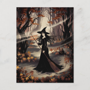 Moderne trendige Halloween-Hexe im Wald Postkarte