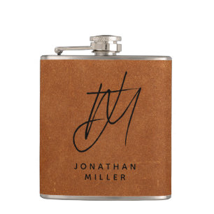 Moderne, trendige Monogramm-Sable-Brown-Leder-Flas Flachmann