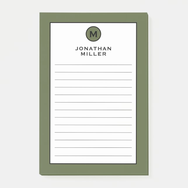 Moderne, trendige Olive Green Monogram Linse Post-it Klebezettel (Vorderseite)
