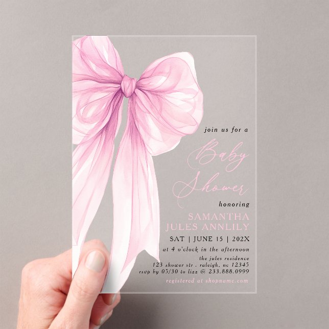 Moderne, trendige Pink Bow Baby Dusche Acryleinladungen (Insitu (Handheld))