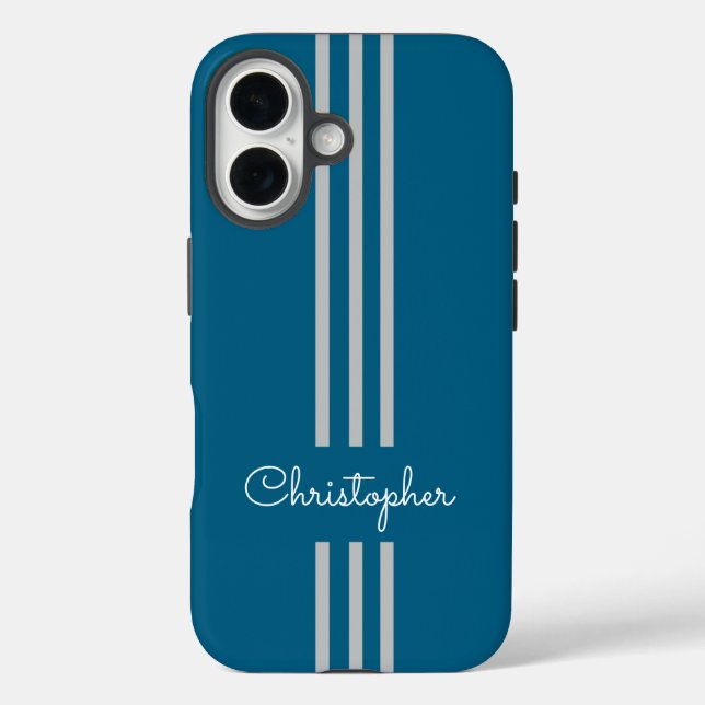Moderne trendige Rennstreifen mit Monogramm iPhone 16 Hülle (Rückseite)