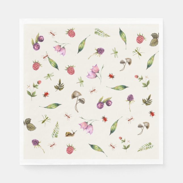 Moderne trendige Waldland-Wildblumen Insekten Serviette (Vorderseite)