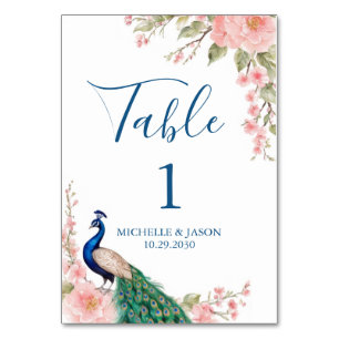 Moderne trendige Wasserfarbe Pfau Blumen Hochzeit Tischnummer