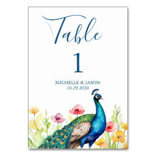 Moderne trendige Wasserfarbe Pfau Blumen Hochzeit Tischnummer