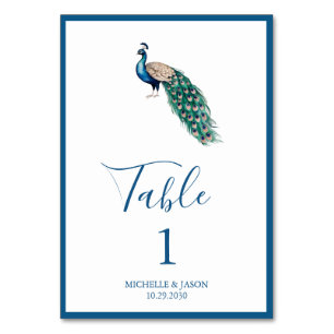 Moderne trendige Wasserfarbe Pfau Hochzeit Tischnummer